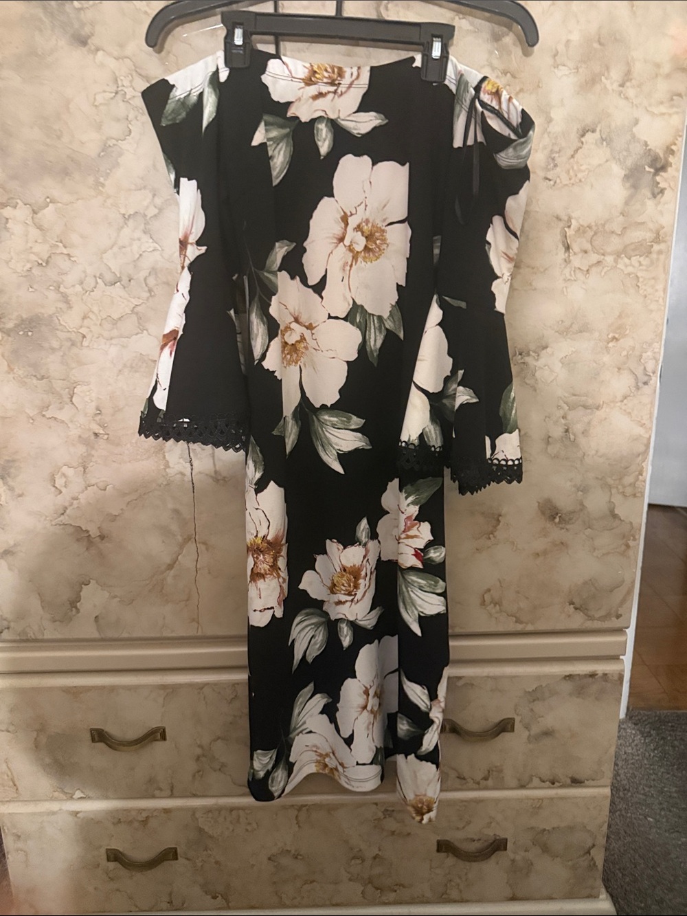 Black Floral Off Shoulder Bell Sleeve Dress